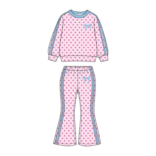 ( Moq 5 ) Preorder Baby Girls Kids Long Sleeves Dots Shirt Pants Bows Set Light Pink Clothes
