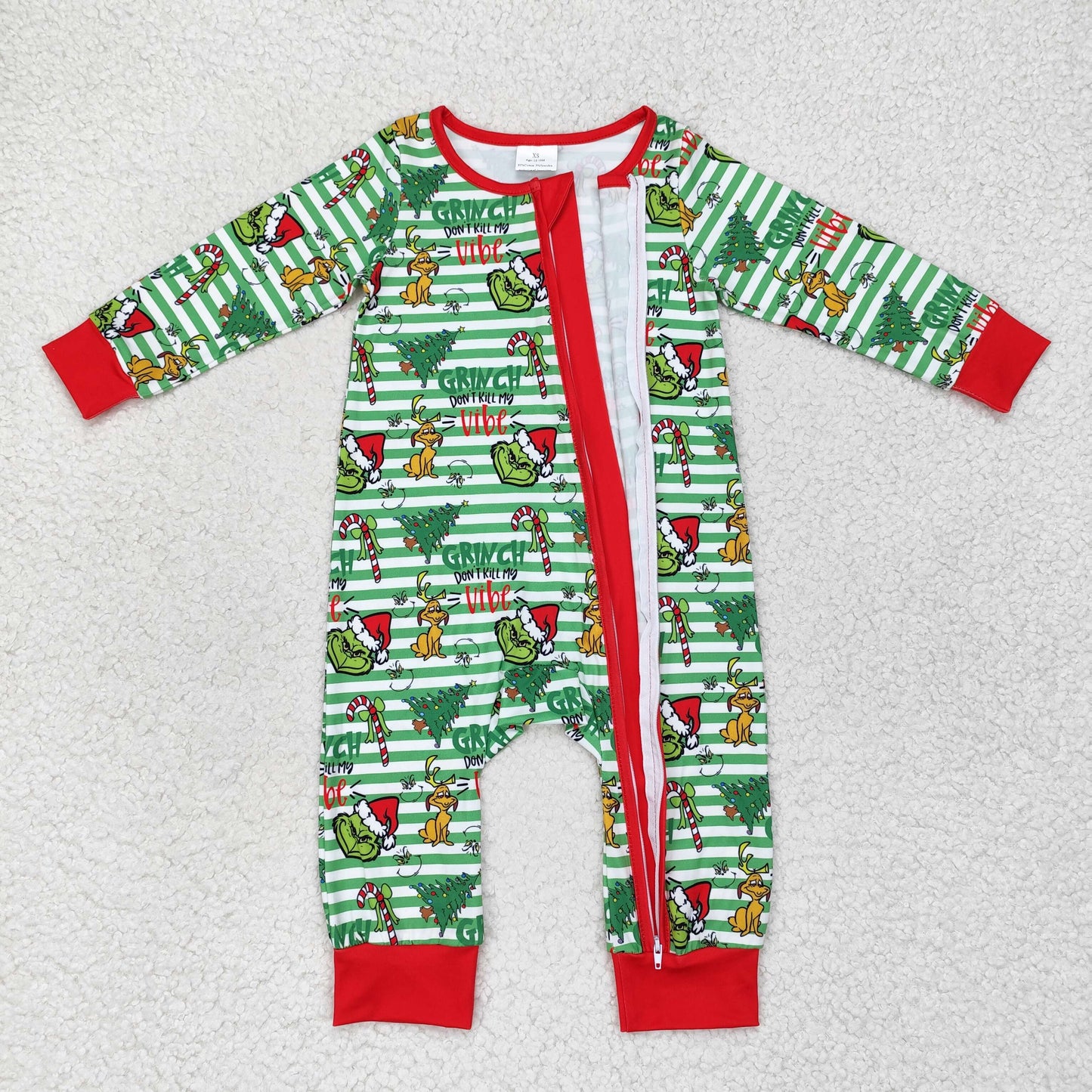 Baby Girl Long Sleeves Christmas Green Face Zipper Romper