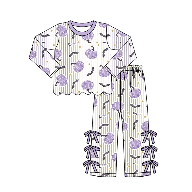 ( Moq 5 ) Preorder Baby Girls Kids Purple Pumpkins Scallop Shirt Bows Pants Set Halloween Clothes