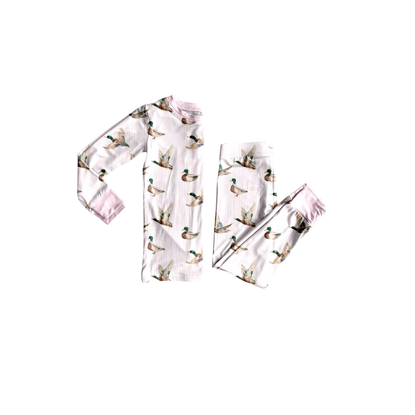 ( Moq 5 ) Preorder Baby Girls Kids Long Sleeves Ducks Pink Stripes Shirt Pants Set Pajamas Clothes