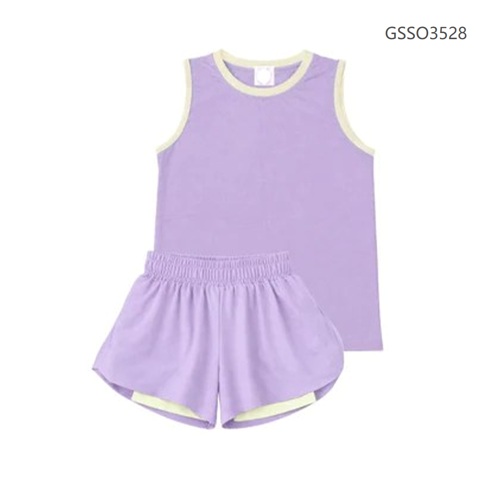 ( Moq 5 ) Preorder Baby Girls Kids Sleeveless Purple Tops Ruffle Shorts Set Yoga Active Clothes