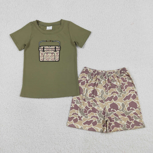 Baby Boys Green Short Sleeves Embroidery Box Shirt Camo Shorts Hunting Clothes Set RTS