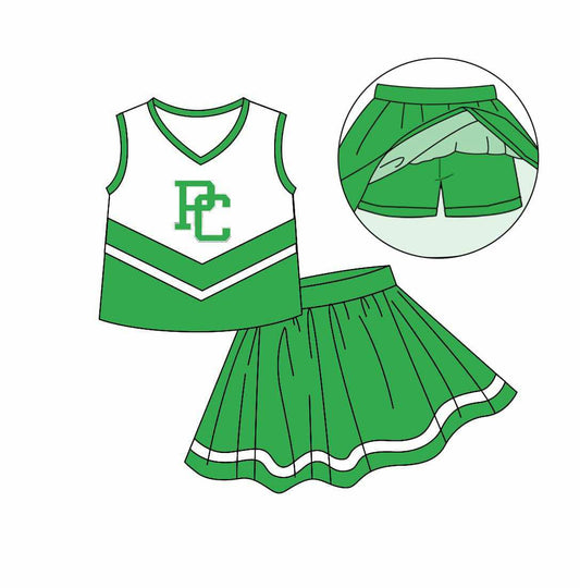 Baby Girl Kids Toddler Sleeveless PC Shirt Green Skirt Shorts Skort Clothes Team Cheer Set ( Moq 5 )