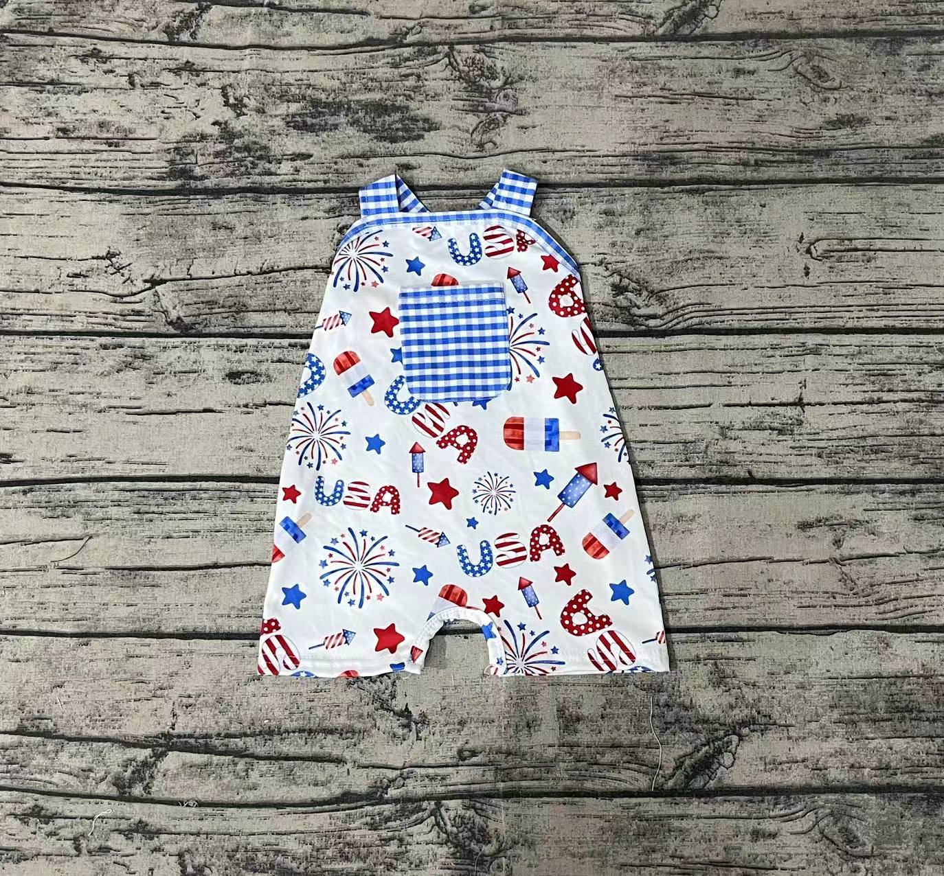 Baby Infant Boy Blue Plaid Pocket 4th Of July USA Romper