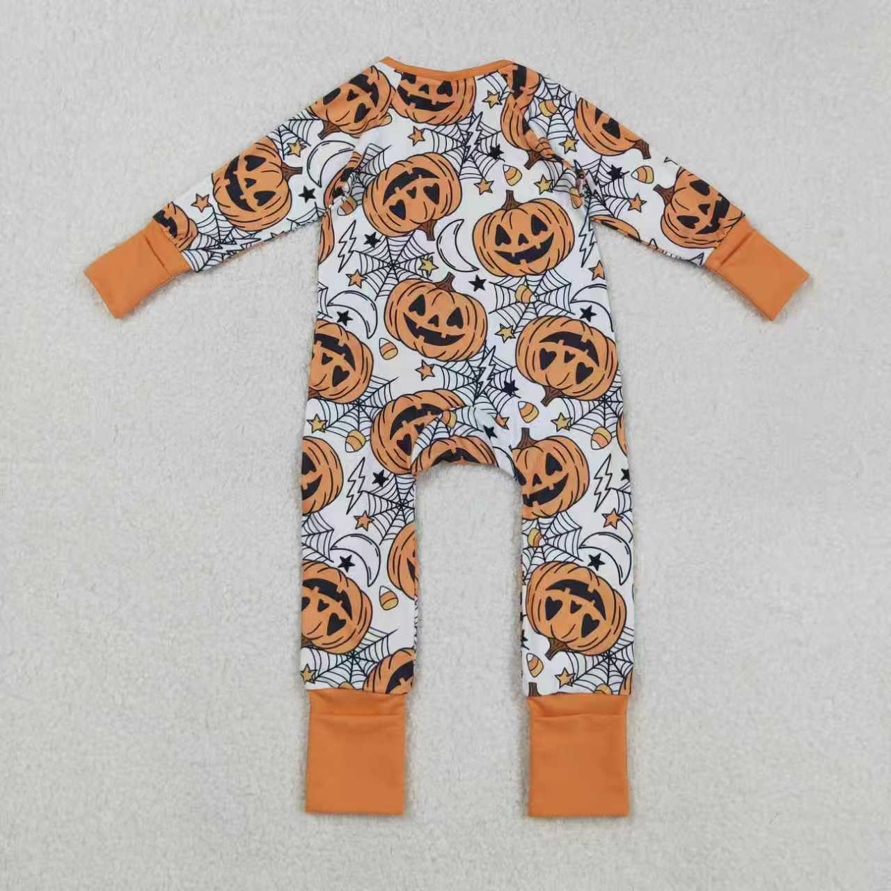 Boys Girls Toddler Long Sleeves Pumpkins Candy Corn Sibling Halloween Dress Footie Romper Set RTS
