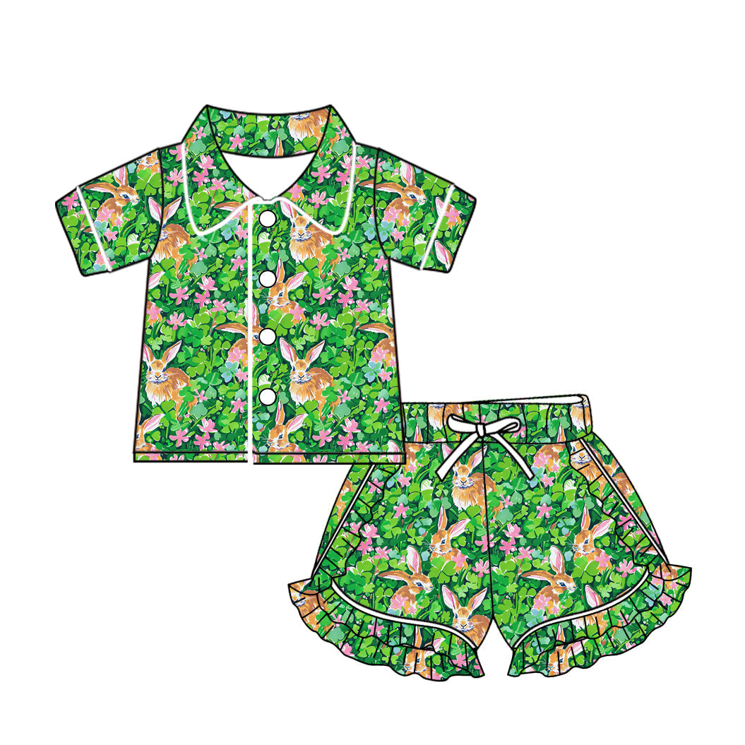 Baby Girl Easter Short Sleeves Rabbit Buttons Short Green Pajamas Clothes Set Moq 5