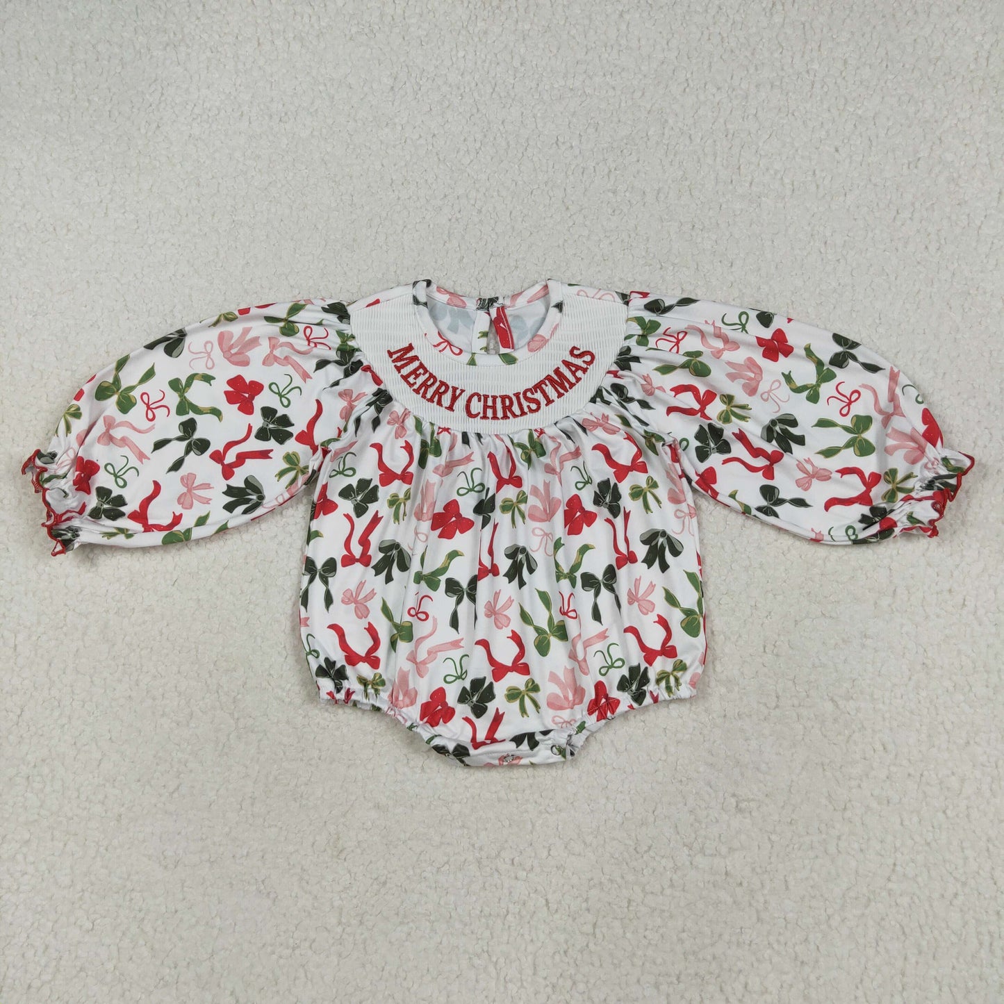 Baby Girl Long Sleeves Embroidery Merry Christmas Bows Bubble Smocked Romper RTS