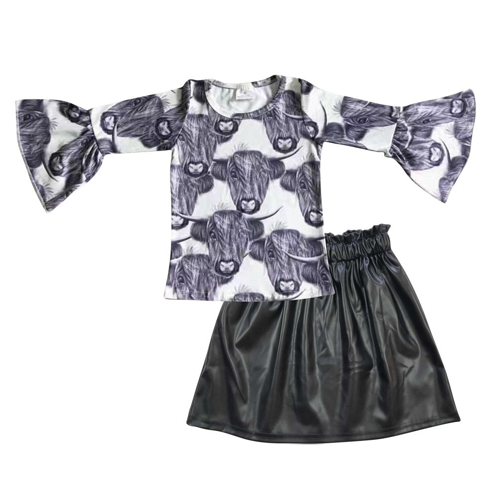 Western Baby Girl Long Sleeves Cow Tops Black Pleather Skirt Summer Outfit