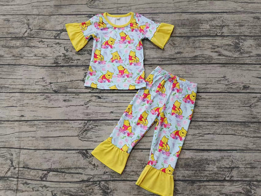 Baby Girl Short Sleeves Bear Flower Shirt Pants Pajamas Set Moq 5