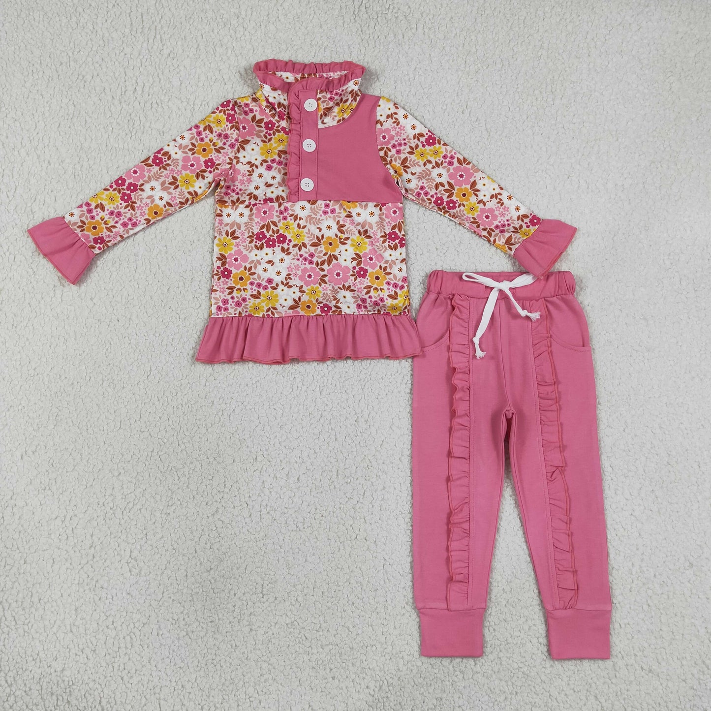 Baby Girls Kids Long Sleeves Flower Buttons Pullover Pockets Pink Pants Set Clothes RTS