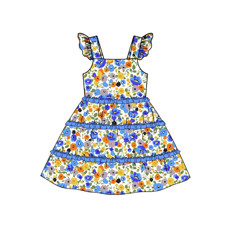 Moq 3 Pre-order GSD0682 Baby Girl July 4th Floral Blue Dress