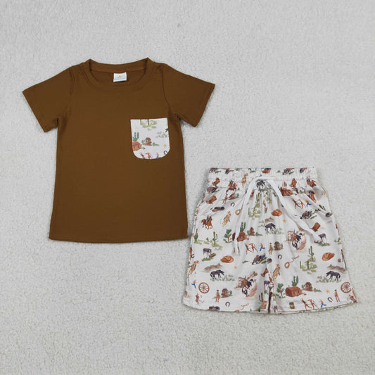 Baby Boys Kids Short Sleeves Brown Shirt Western Rodeo Cactus Pockets Shorts Set RTS
