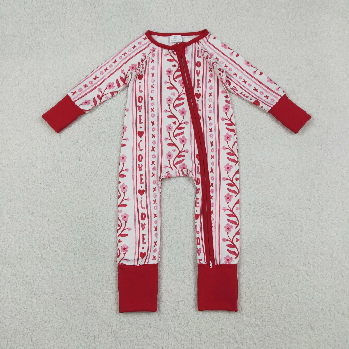 Baby Girls Long Sleeves Flower Hearts Valentine Red Zipper Sleeper Romper RTS
