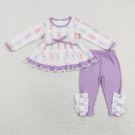 GLP1078 Easter Baby Girl Long Sleeves Rabbit Tunic Purple Ruffle Pants Set