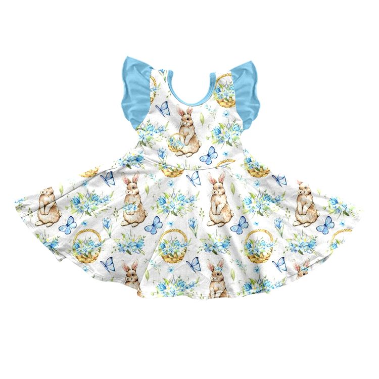 Moq 3 Pre-order GSD0664 Baby Girl Easter Rabbit Floral Blue Dress