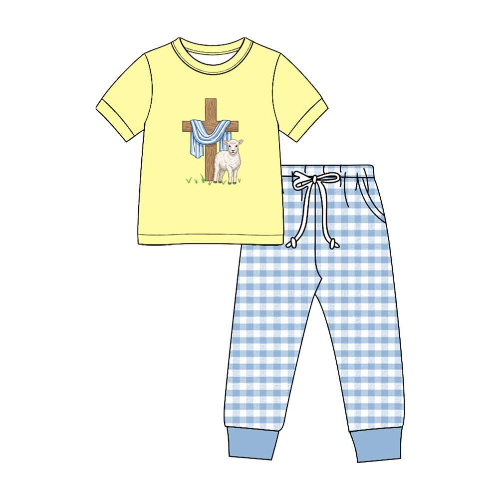 ( Moq 5 ) Preorder Baby Boys Kids Lamb Cross Shirt Blue Plaid Pockets Pants Easter Set Clothes