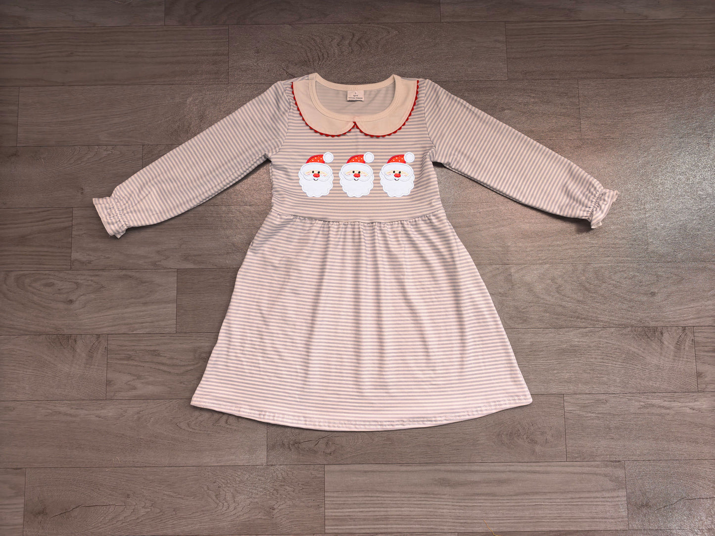 ( No moq ) Preorder Baby Girls Kids Embroidery Santa Christmas Blue Stripes Dress Clothes