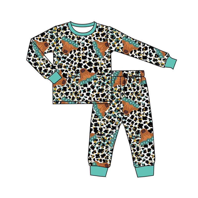 Baby Girl Long Sleeves Cow Turquoise Shirt Leopard Pants Western Pajamas Set Moq 5