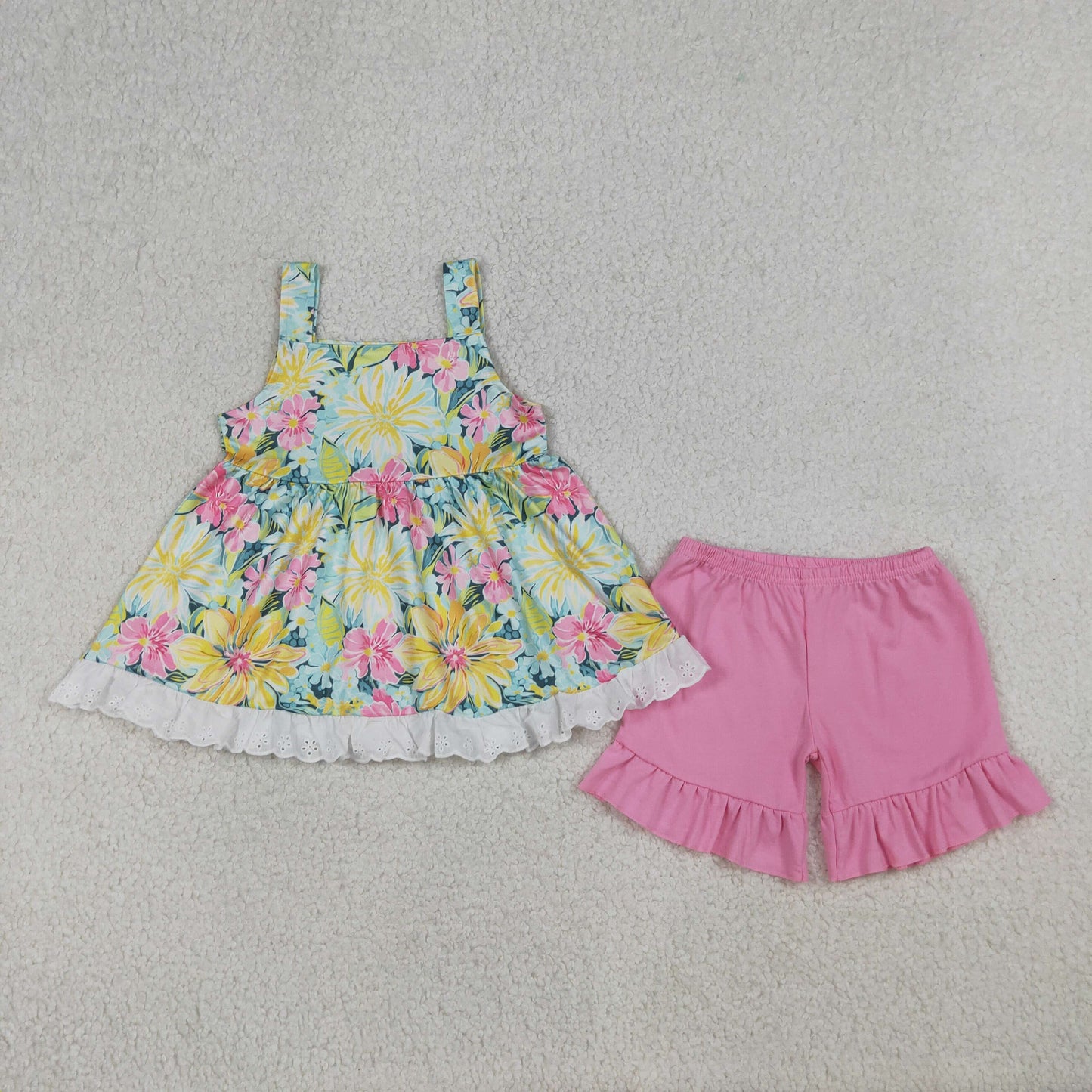 Baby Girls Kids Strap Colorful Flowers Ruffle Tunic Shorts Clothes Set RTS