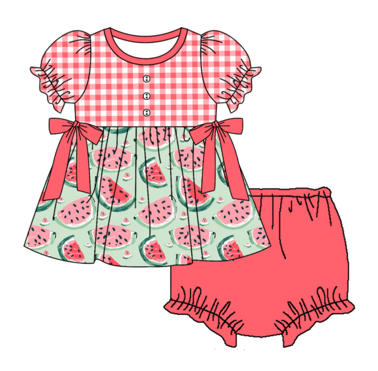 Baby Girl Short Sleeves Watermelon Plaid Sibling Romper Dress Clothes Set ( Moq 5 Each Design )11.21