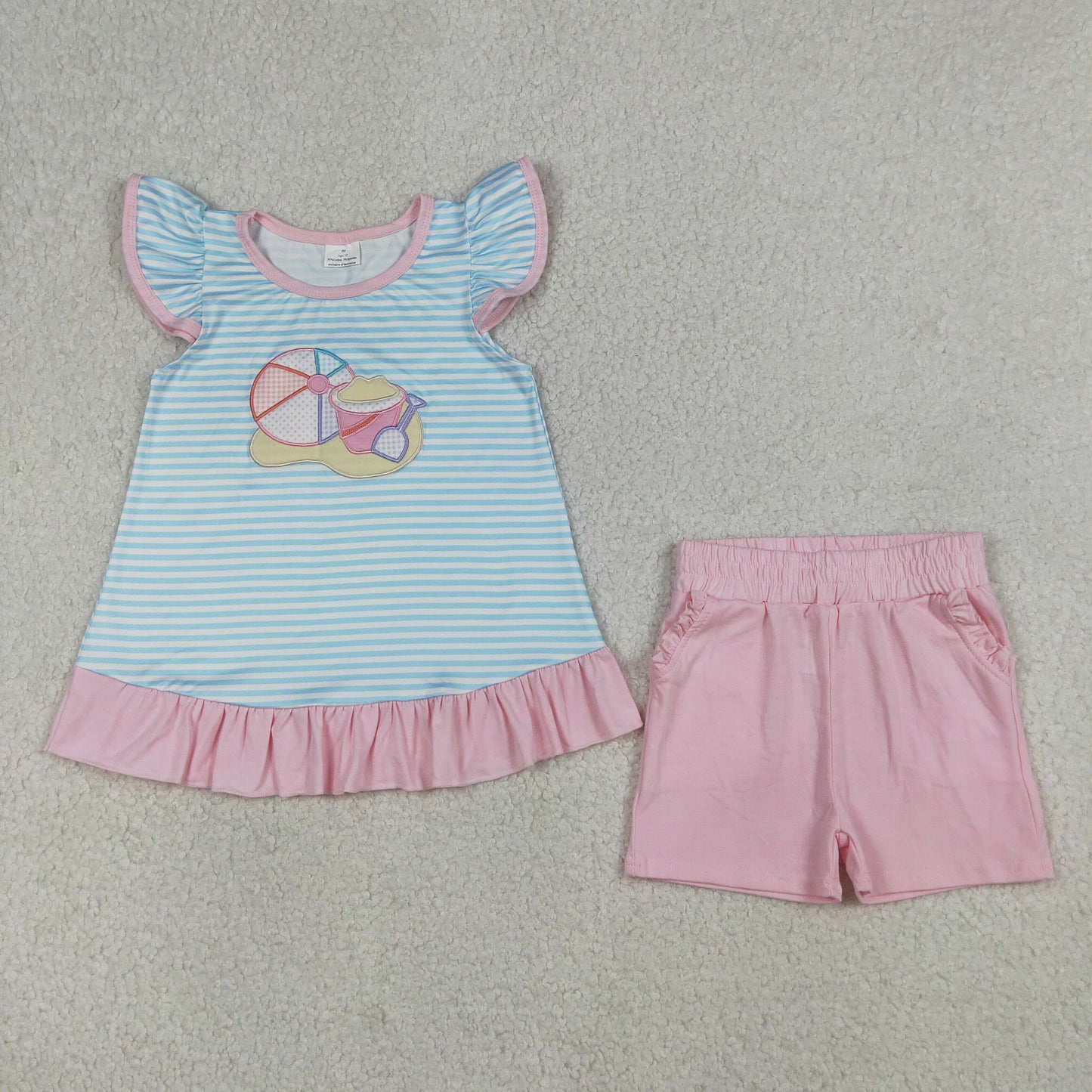 Baby Boys Short Sleeves Embroidery Ball Beach Stripes Shirt Blue Shorts Clothes Set RTS