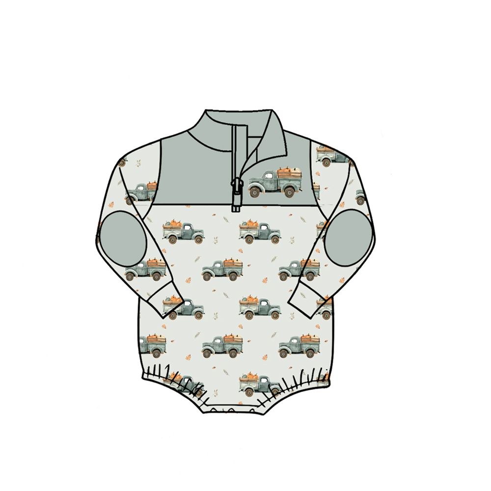 ( Moq 5 ) Preorder Baby Boys Kids Pumpkins Trucks Zipper Bubble Romper Fall Clothes