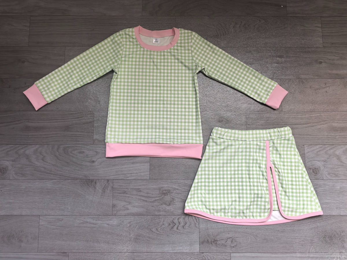 ( No moq ) Preorder Baby Girls Kids Long Sleeves Green Plaid Shirt Skirt Shorts Set Yoga Active Clothes