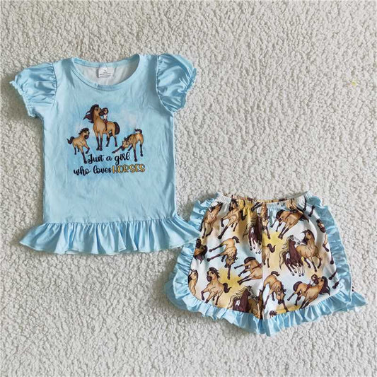 Promotion Baby Girl Sumner Horse Cartoon Shirt Ruffle Shorts Blue Outfit