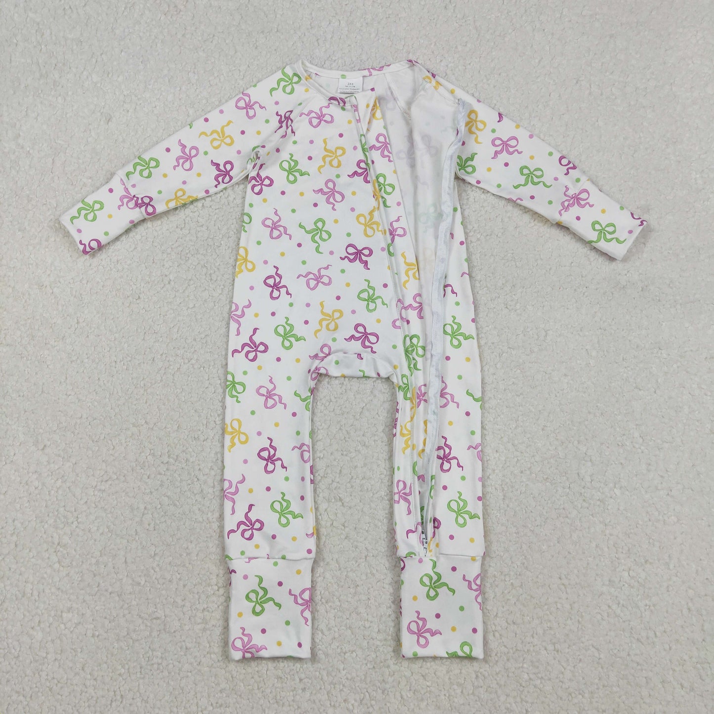 Baby Girls Infant Long Sleeves Dots Bows Mardi Gras Zipper Sleeper Romper