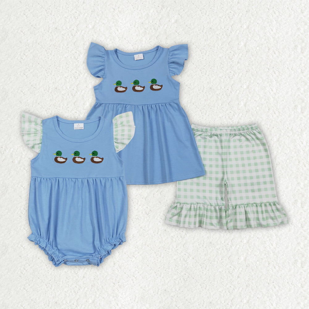 Sibling Baby Girls Kids Short Sleeves Embroidery Ducks Bubble Romper Set RTS