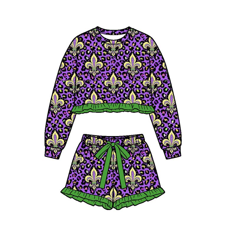 ( Moq 5 ) Preorder Baby Girls Kids Tractors Leopard Shirt Shorts Set Mardi Gras Clothes