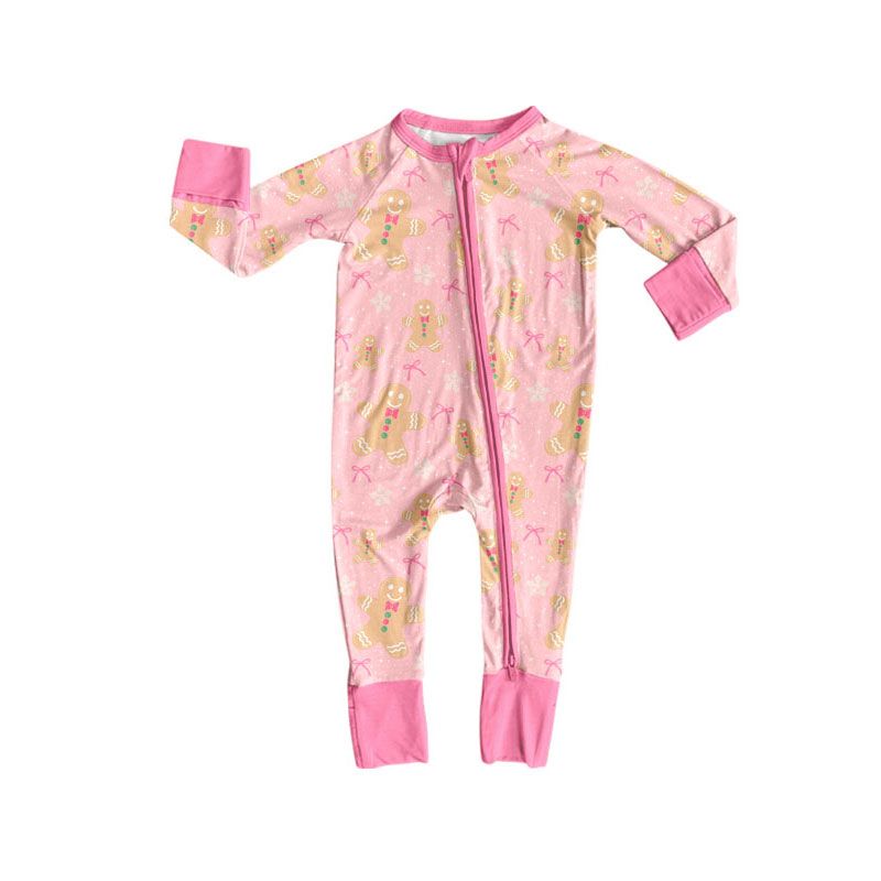 ( Moq 5 ) Preorder Baby Girls Kids Christmas Gingerbread Bows Zipper Sleeper Footie Romper Clothes