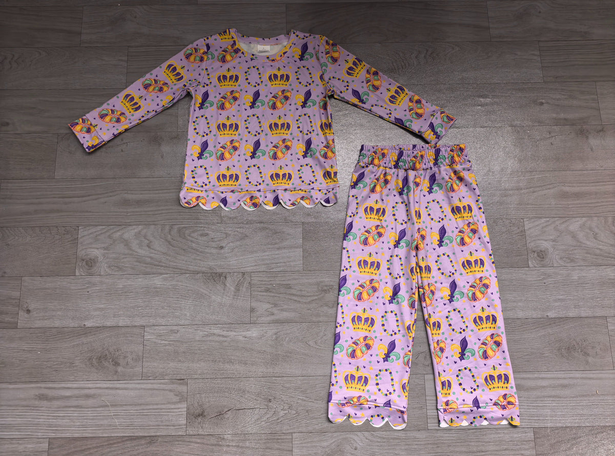 ( No moq ) Preorder Baby Girls Kids Flower Donuts Shirt Pants Scallop Set Mardi Gras Clothes