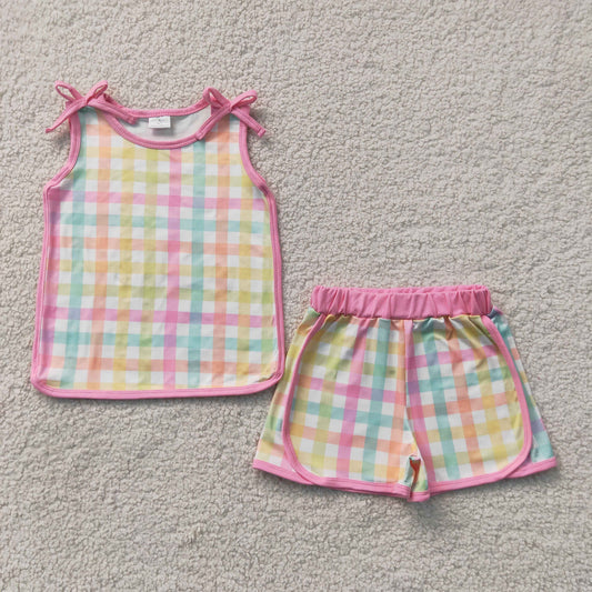 Baby Girl Kids Pink Bows Sleeveless Plaid Tops Shorts Set Summer Clothes RTS