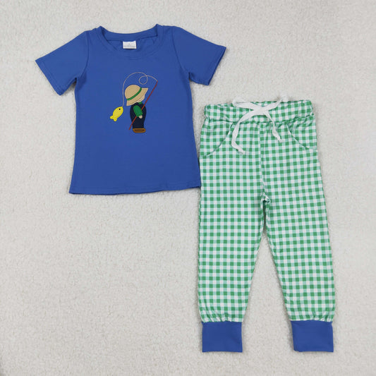 Baby Boy Short Sleeves Blue Embroidery Fishing Shirt Plaid Pants Clothes Set RTS
