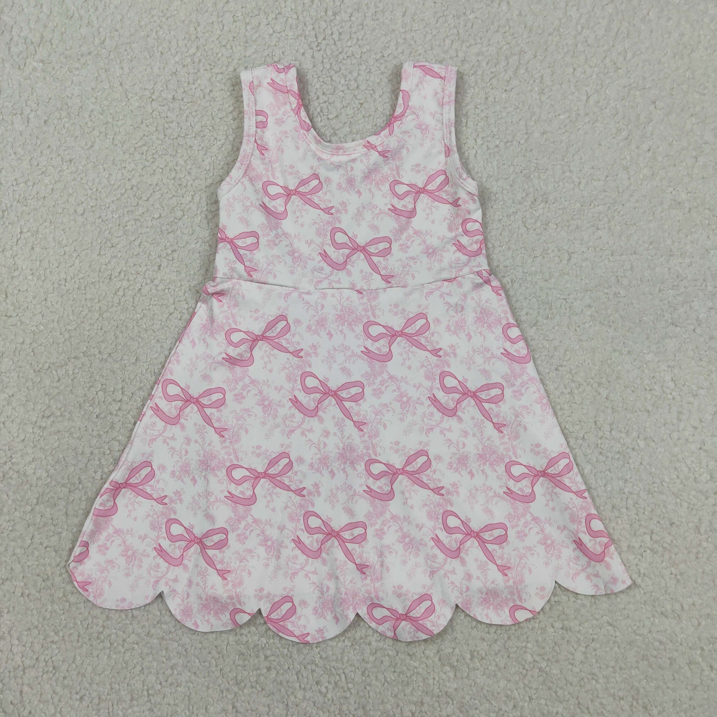 Baby Girls Kids Sleeveless Pink Bows Floral Scallop Yoga Knee Length Dress RTS