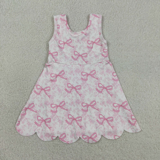 Baby Girls Kids Sleeveless Pink Bows Floral Scallop Yoga Knee Length Dress RTS