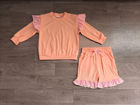 ( No moq ) Preorder Baby Girls Kids Pink Long Sleeves Tops Pockets Shorts Cotton Set Clothes