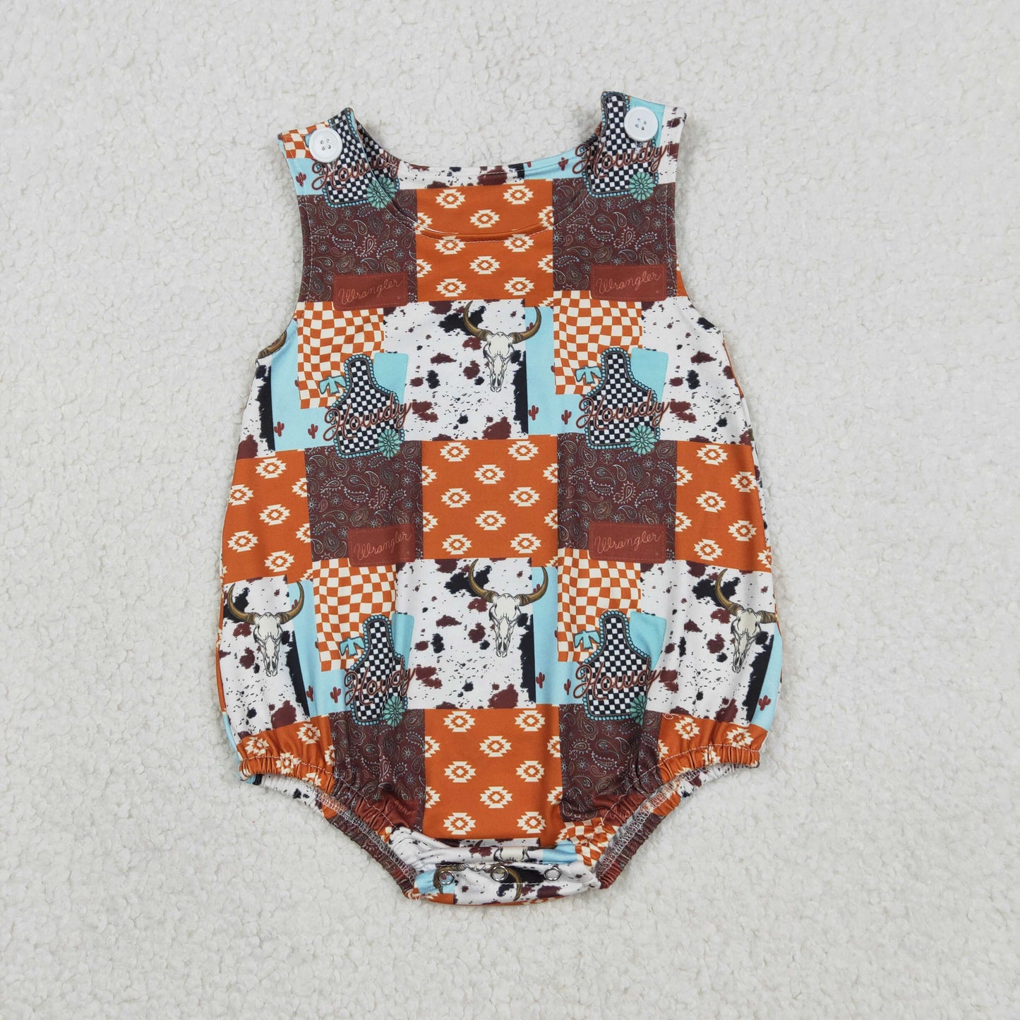 Baby Boys Infant Sleeveless Western Cow Print Aztec Plaid Romper RTS