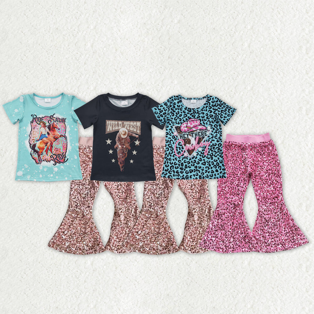 Sibling Baby Girls Kids Short Sleeves Western Shirts Sequins Bell Pants Sets Clothes RTS