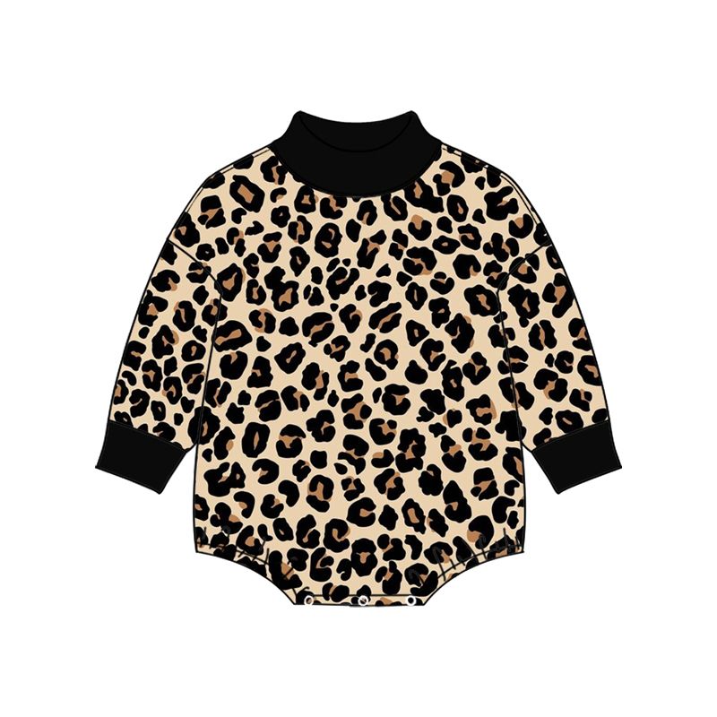 ( Moq 5 )  Preorder Baby Girls Infant Long Sleeves Leopard Bubble Romper Black Mock Neck‌ Clothes