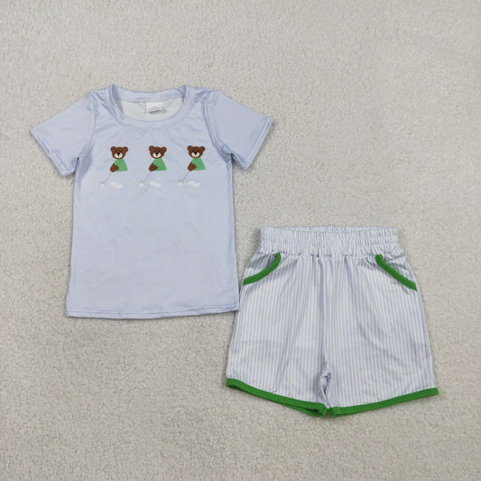 Baby Boys Kids Short Sleeves Bear Blue Shirt Stripes Shorts Golf Outfit RTS