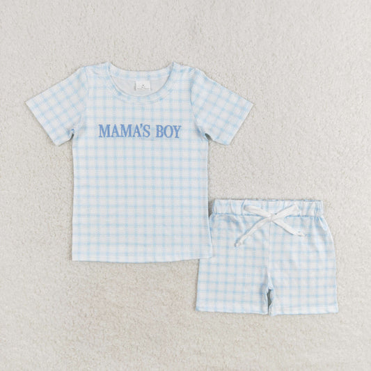 Baby Kids Short Sleeves Embroidery Mama's Boy Blue Plaid Shorts Set