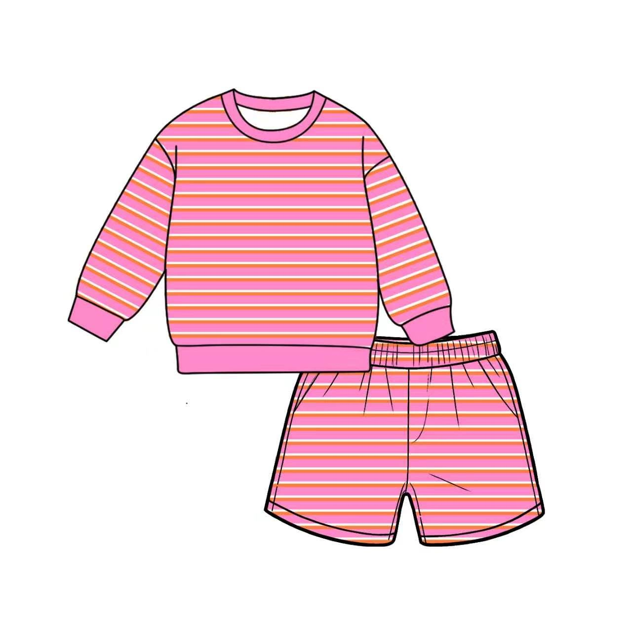 ( Moq 5 ) Preorder Adult Women Long Sleeves Pink Stripes Shirt Pockets Shorts Yoga Active Set