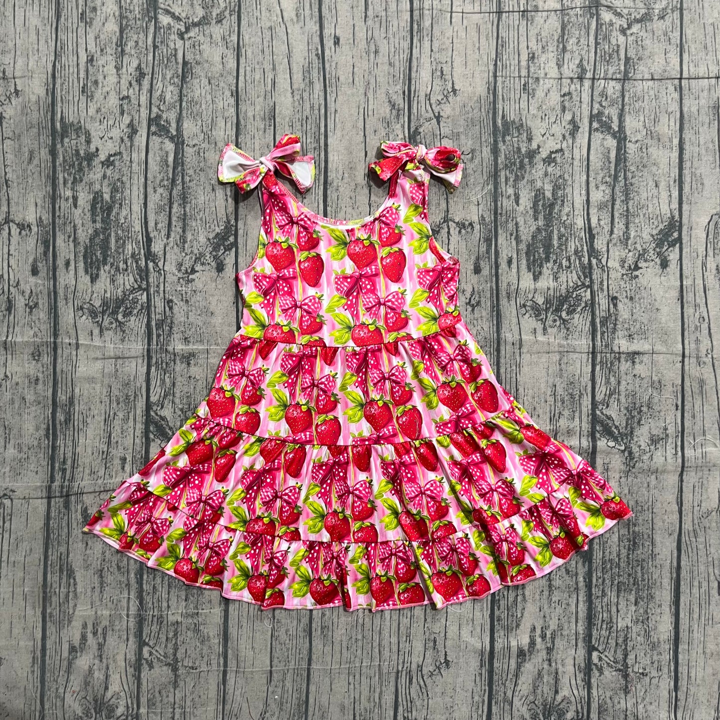 Baby Girls Kids Straps Strawberry Bows Ruffle Knee Length Dress RTS