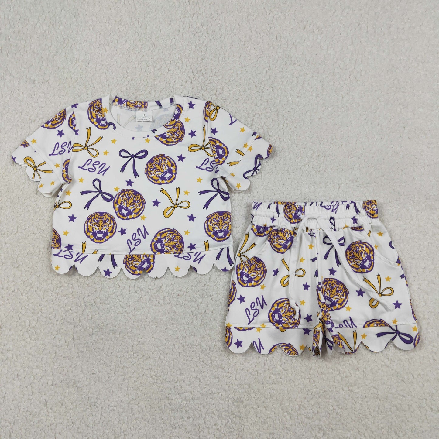 Baby Girls Kids Short Sleeves Bows Tigers Team Shirt Scallop Shorts Summer Set RTS