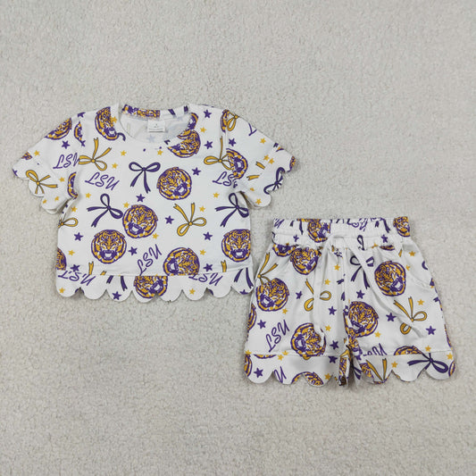 Baby Girls Kids Short Sleeves Bows Tigers Team Shirt Scallop Shorts Summer Set RTS