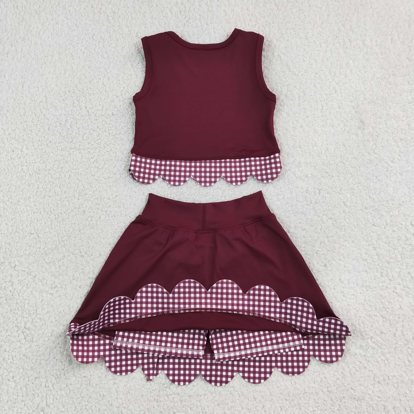 Baby Girls Kids Dark Red Vest Plaid Bows Scallop Bows Skirt Shorts Yoga Active Set Clothes RTS