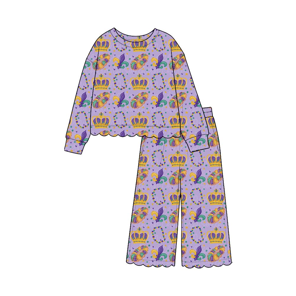 ( Moq 5 ) Preorder Baby Girls Kids Flower Donuts Shirt Pants Scallop Set Mardi Gras Clothes