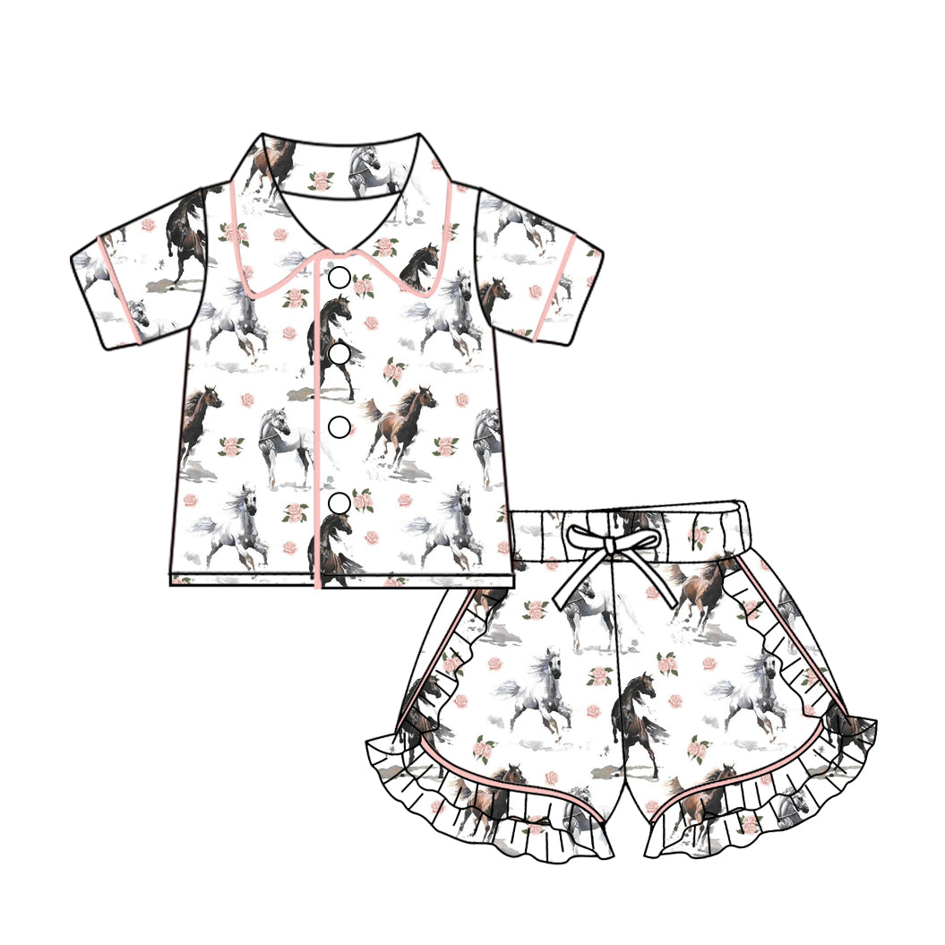 Baby Girl Short Sleeves Horse Flower Buttons Short Summer Pajamas Western Set Moq 5